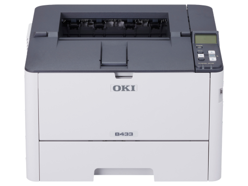 OKI B433dn Mono A4 printer, 40ppm, with LCD display and 250 sheet input tray.