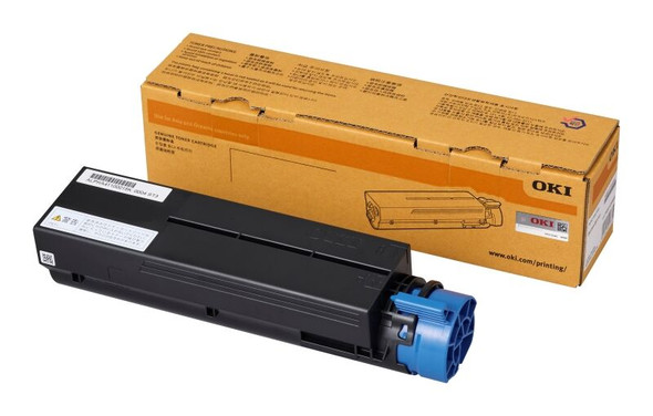 Oki black toner cartridge for B433/B513, 3,000 pages yield, with packaging, blue and white accents.