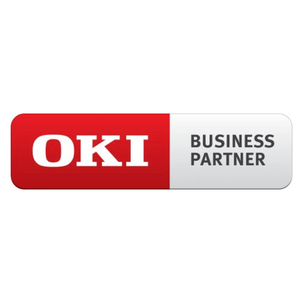 OKI Business Partner logo, red and white rectangular badge with OKI and text on white background.
