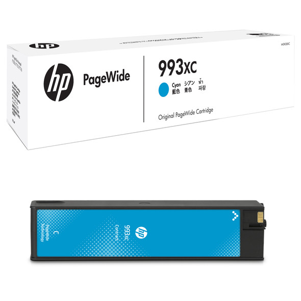 Genuine HP PageWide 993XC Cyan Ink Cartridge, M0K08X, blue, in box and opened view.