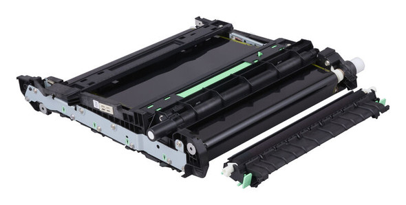 Oki MC554 Transfer Belt Unit, black, Oki brand printer part with green accents, rectangular shape.