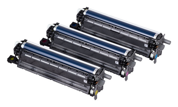 OKI MC554 CMY Drum Unit, Oki brand, three black cyan, magenta, yellow printer drums shown.