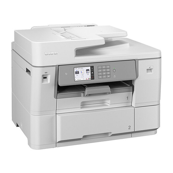 Brother MFCJ6959DW white Inkjet MFC printer with gray panel and dual paper trays visible.