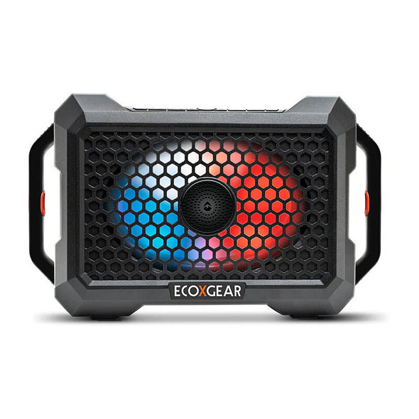 EcoXgear Defender portable speaker with colorful honeycomb-patterned grille and black accents, rectangular shape.