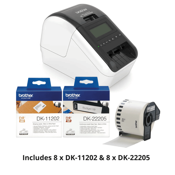 Brother QL-820NWB Label Printer & Label Rolls Bundle (8x DK-11202, 8x DK-22205)