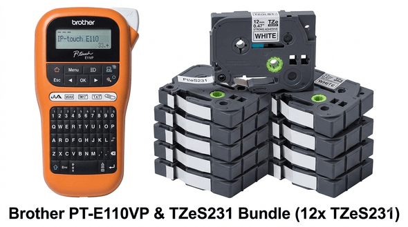 Brother PT-E110VP Label Maker & TZeS231 Label Tape Bundle (12x TZeS231)