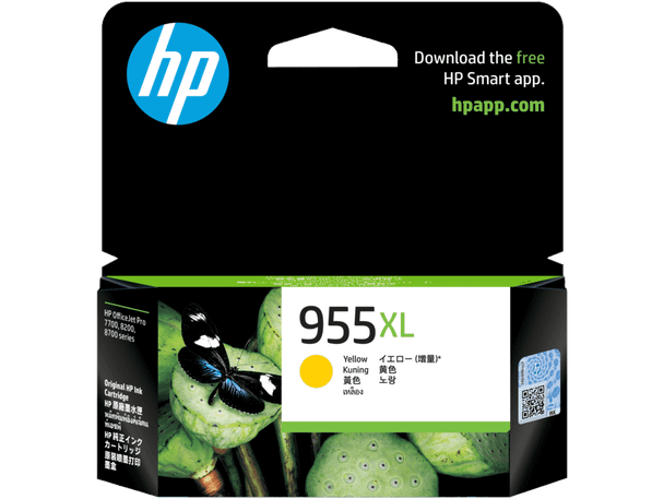 Genuine HP 955XL Yellow Ink Cartridge in packaging, HP logo and product details visible clearly.