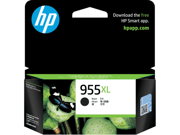 Genuine HP 955XL Black Ink Cartridge packaging with green accents and HP logo displayed prominently.