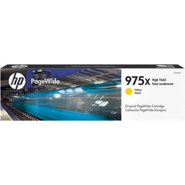 Genuine HP 975X Yellow Pagewide Ink Cartridge, HP logo and product details on packaging visible.