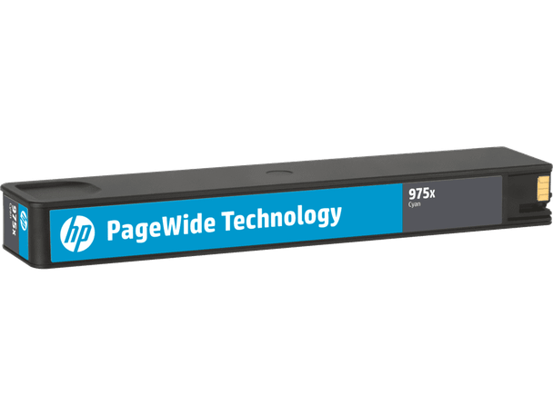 Genuine HP 975X Cyan Pagewide Ink Cartridge, blue and black box with white HP logo.