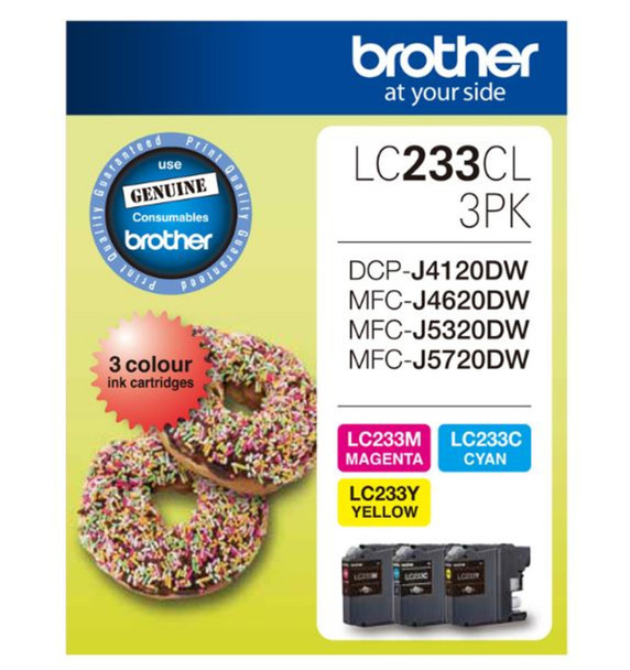 Brother LC233 CMY Colour Pack, 3PK, genuine magenta, cyan, and yellow ink cartridges, Brother brand.