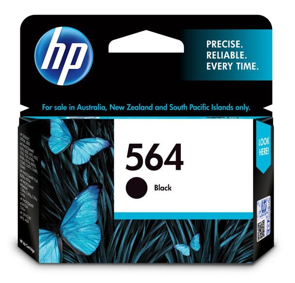 Genuine HP 564 Black Ink Cartridge, HP brand, black color, in original packaging with butterflies design.