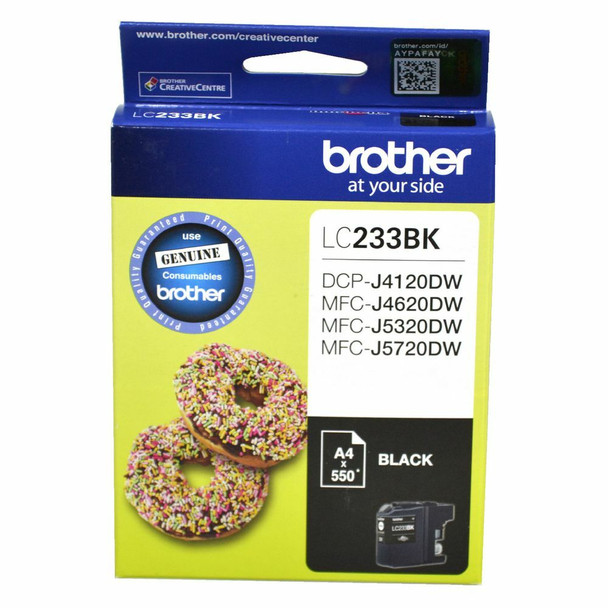 Brother LC233BK black ink cartridge packaging with colorful donuts on yellow and blue background.