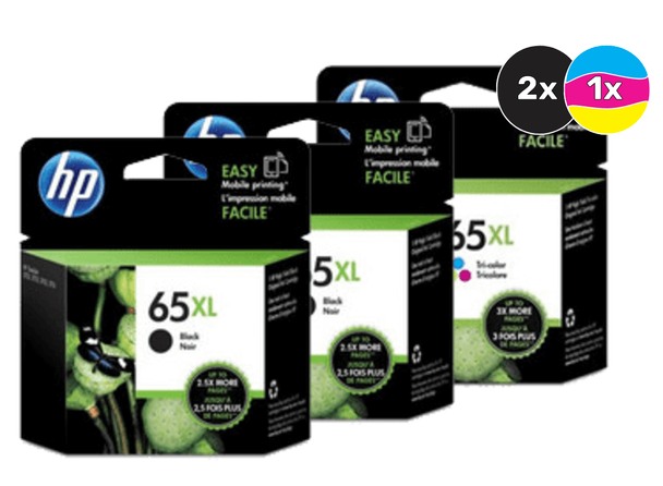 HP 65XL Ink Cartridge Value Pack, 2 Black, 1 Tri-Colour, HP brand, green and black packaging.