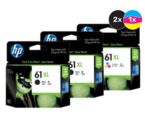 HP 61XL Ink Cartridge Value Pack, 2 Black and 1 Tri-Colour, HP brand, green and black packaging.