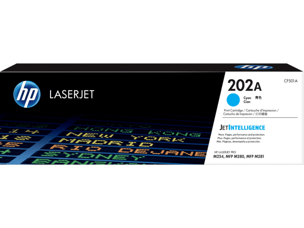 HP Genuine 202A Cyan Toner Cartridge box with LaserJet branding and product details displayed clearly.