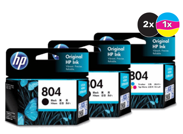 HP 804 Ink Cartridge Value Pack, 2 Black, 1 Tri-Colour, Original HP ink cartridges, blue and black packaging.