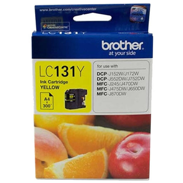 Brother LC131 Yellow Ink Cartridge packaging with fruit design and product details on yellow and blue label.