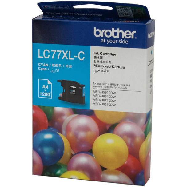 Brother LC77XL Cyan Ink Cartridge, genuine Brother product, cyan color, high yield, printer ink.