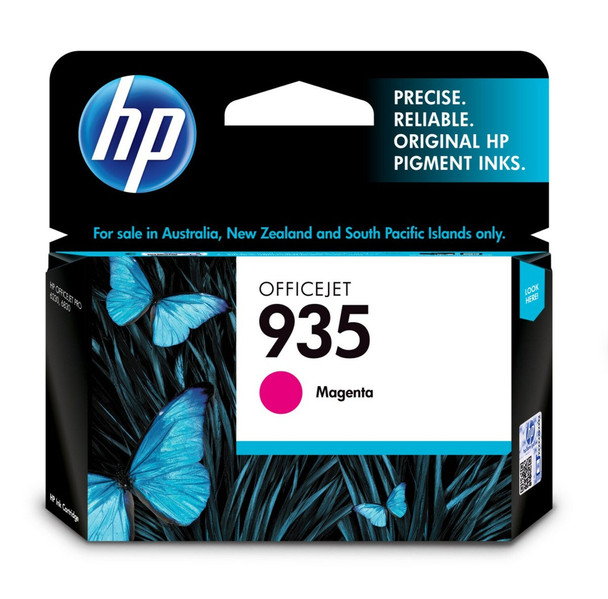 Genuine HP 935 Magenta Ink Cartridge, HP OfficeJet, Magenta color, original pigment ink packaging.