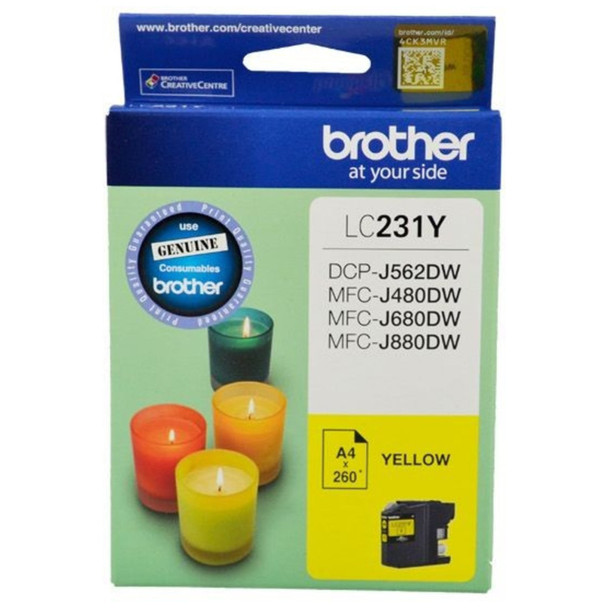 Brother LC231 Yellow Ink Cartridge, genuine Brother product, yellow color, compatible with various Brother printers.