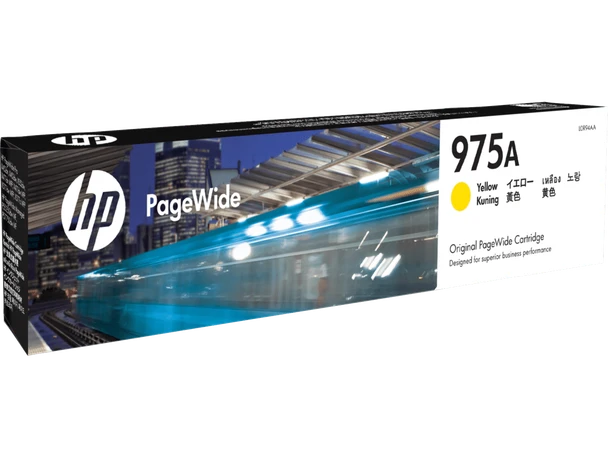 Genuine HP 975A Yellow Pagewide Ink Cartridge, HP brand, yellow color, original packaging visible.