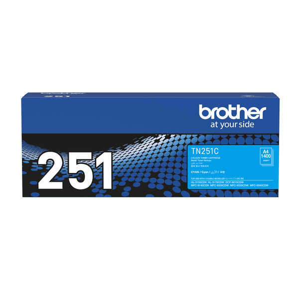Brother TN251 Cyan Toner Cart, blue packaging with white and black accents, Brother logo visible.