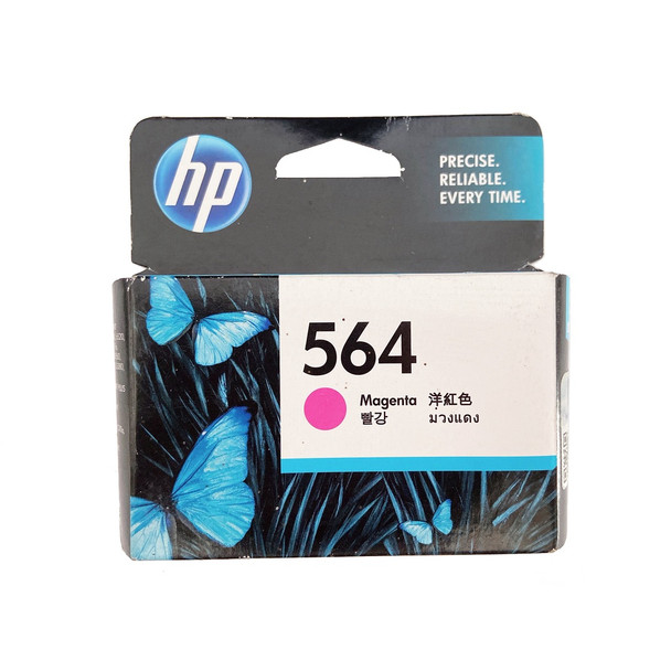 Genuine HP 564 Magenta Ink Cartridge, HP brand, magenta color, packaged with butterfly design.