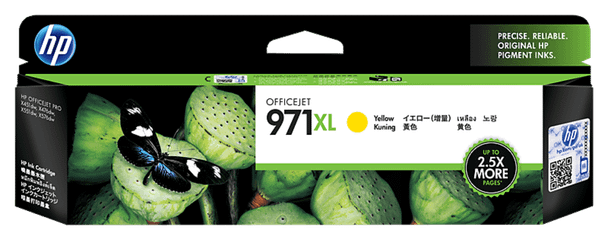 Genuine HP 971XL Yellow Ink Cartridge, HP brand, yellow color, large capacity, original packaging.