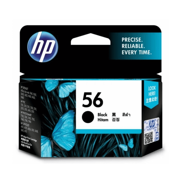 Genuine HP 56 Black Ink Cartridge, HP branding and packaging with floral design and product details.