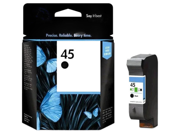 Genuine HP 45 Black Ink Cartridge, HP brand, black color, packaged in box with blue accents.