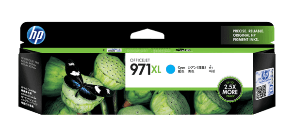 Genuine HP 971XL Cyan Ink Cartridge, HP brand, cyan color, XL high capacity.