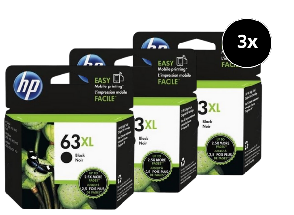 HP 63XL Ink Cartridge Value Pack, 3 Black cartridges, HP brand, XL high capacity.