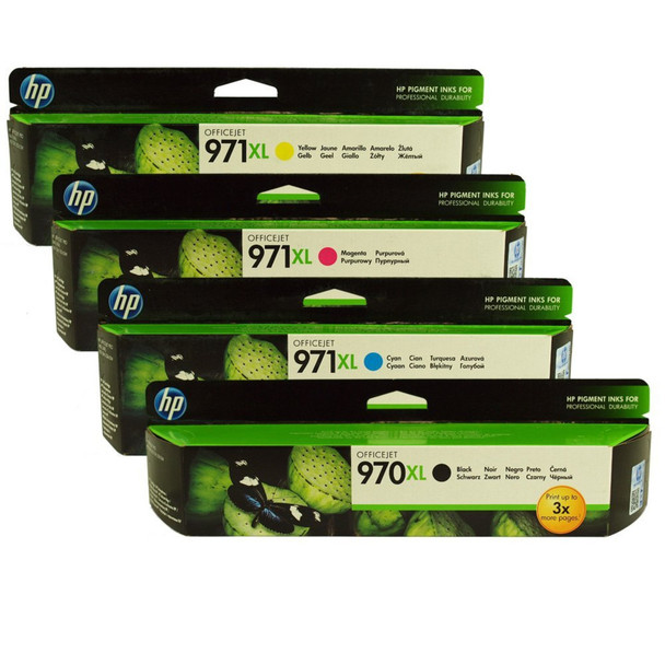 HP 970XL, 971XL Ink Cartridge Value Pack, includes black, cyan, magenta, yellow, HP brand cartridges.