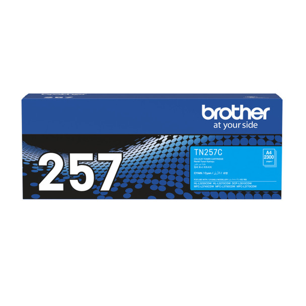 BROTHER MFCL3770CDW toner cartridge box, Brother brand, model 257, for laser printers, blue and black packaging.