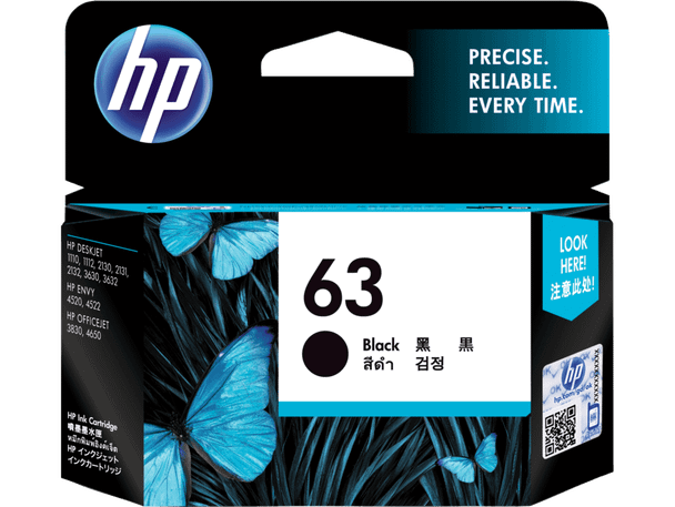 Genuine HP 63 Black Ink Cartridge, HP brand, black color, original packaging with blue butterflies design.