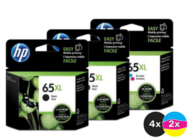 HP 65XL Ink Cartridge Value Pack, 4 Black and 2 Tri-Colour, HP brand, packaging shown.