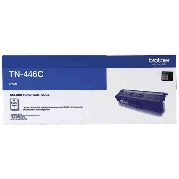 Brother TN446 cyan toner cartridge box with product details and branding, cyan color.