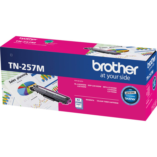 Brother TN257 Mag Toner Cart, Magenta, Brother brand printer toner cartridge packaging.