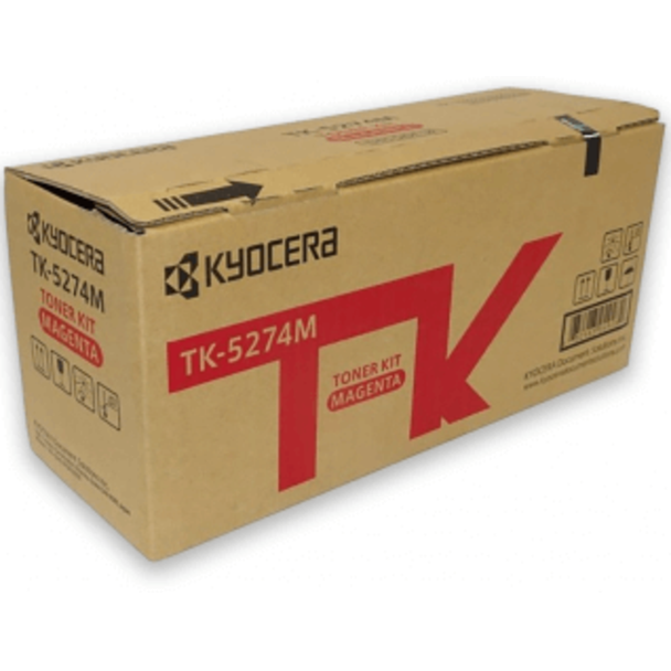 Kyocera TK5274 Magenta Toner Cartridge box with red and black text on brown packaging.