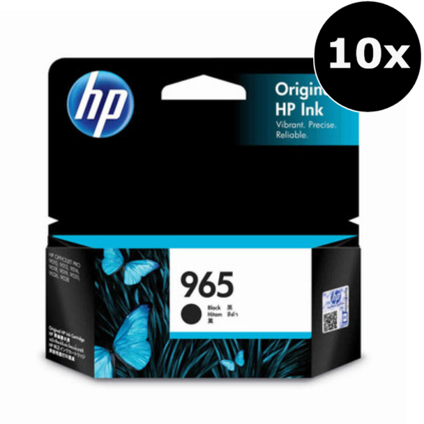 HP 965 Ink Ten Pack, ten black ink cartridges, HP brand, product number 965, black color.