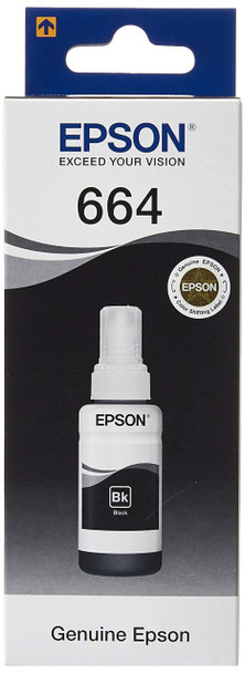 Epson T664 Black Ink Cartridge, genuine Epson product, in original packaging with white and blue design.