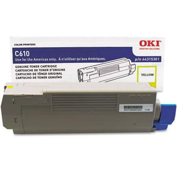 Oki C610 Yellow Toner cartridge, gray and blue, with barcode label and product details on packaging.