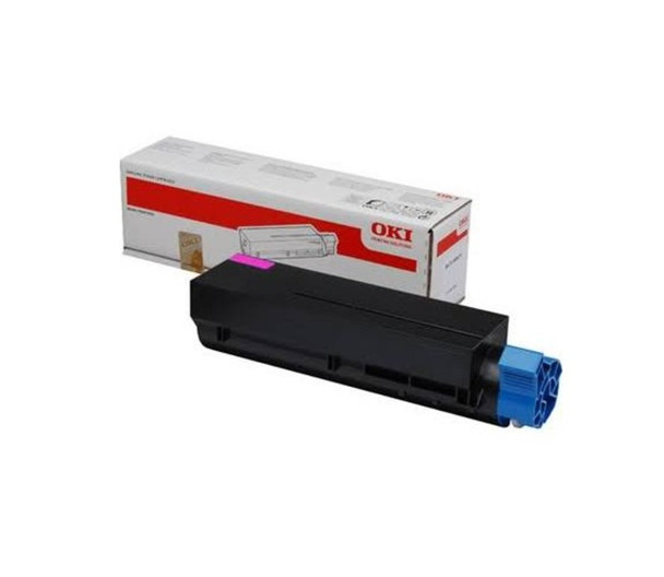 Oki MC853 Magenta Toner cartridge with blue cap and packaging on white background.