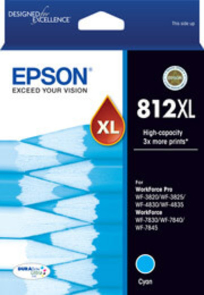 Epson 812XL DURABRite Cyan Ink Cartridge packaging with product details and branding visible clearly.