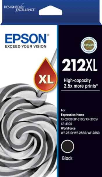 Epson 212XL Black Ink Cartridge, high-capacity, original Epson product, black color, XL print yield.