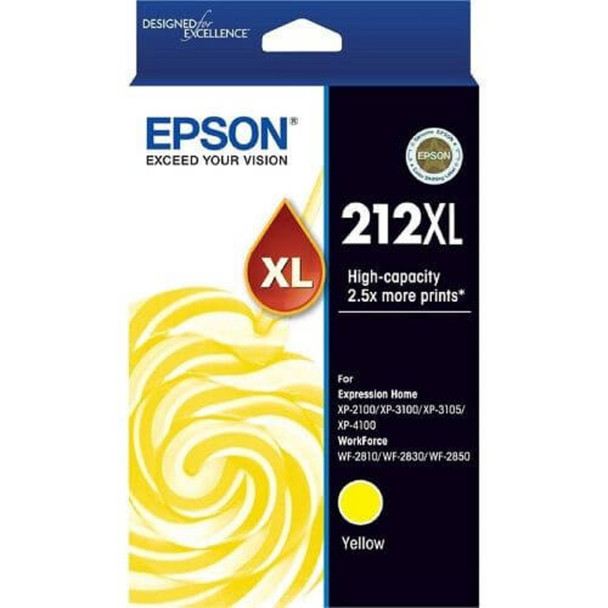 Epson 212XL Yellow Ink Cartridge, high-capacity, original Epson product packaging with yellow swirl design visible.