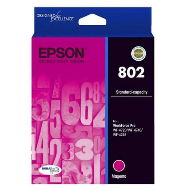 Epson 802 Magenta Ink Cartridge, original magenta color ink, Epson brand, standard capacity.