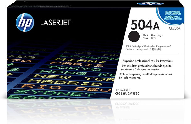 HP Genuine 504A Black Toner Cartridge for HP COLOR LASERJET CM3530, genuine HP product, black ink, compatible with LaserJet printers.