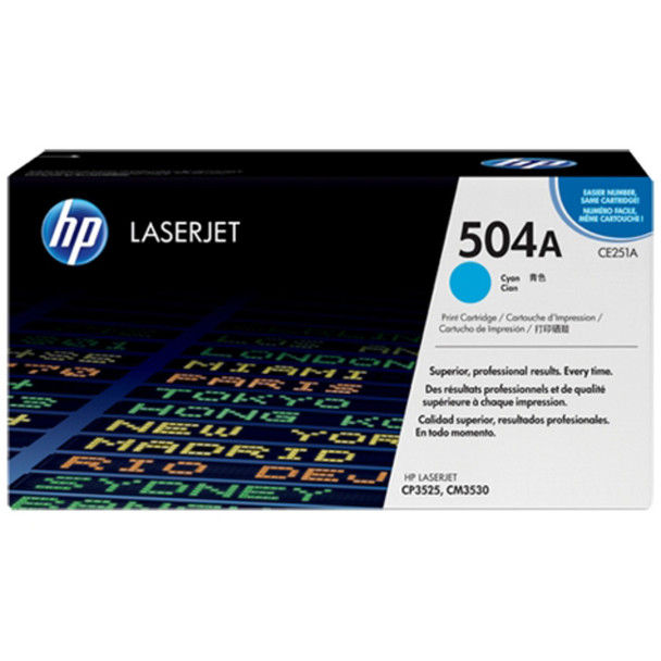 HP Genuine 504A Cyan Toner Cartridge for HP COLOR LASERJET CP3525, genuine cyan printer toner by HP, compatible with LaserJet printers.